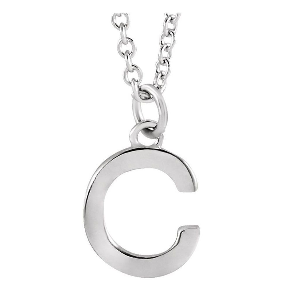 14k White Gold 9.5mm Small Block Initial C Necklace, 16 Inch